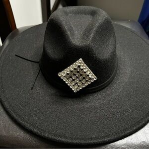 Sonoma Black fedora Hat with Vintage rhinestone pin.